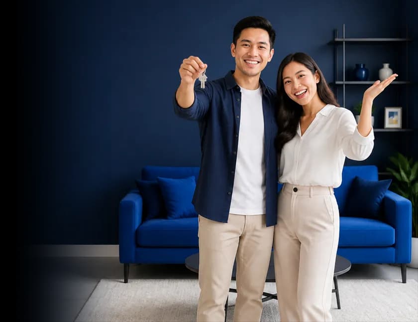 Pasangan muda memegang kunci rumah baru